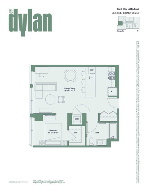 Floor plan for 1 bed, 1 bath, 665 sqft